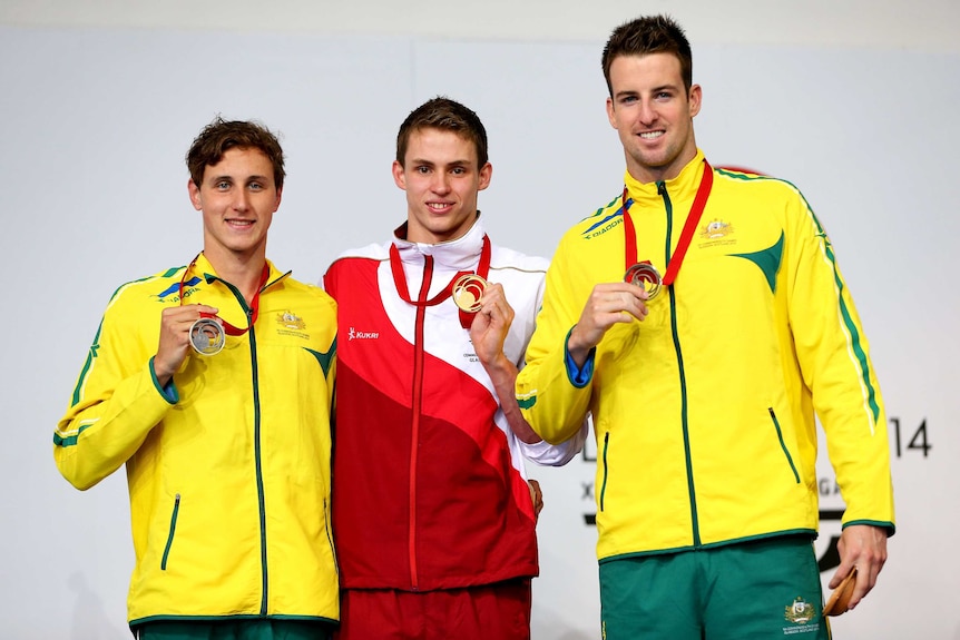 Proud, McEvoy and Magnussen with their 50m freestyle medals