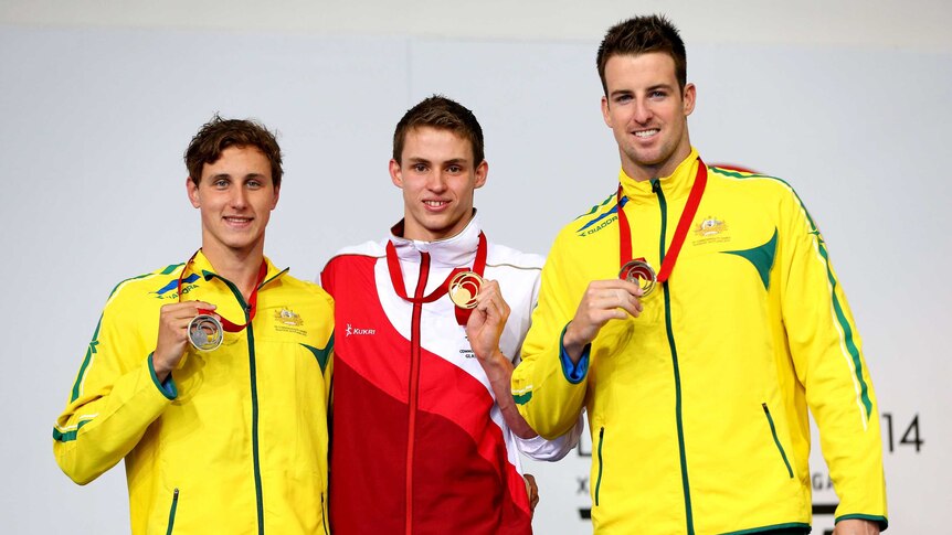 Proud, McEvoy and Magnussen with their 50m freestyle medals