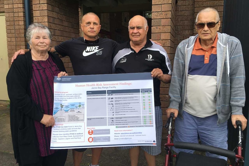 A woman and three men holding up a health assessment sign