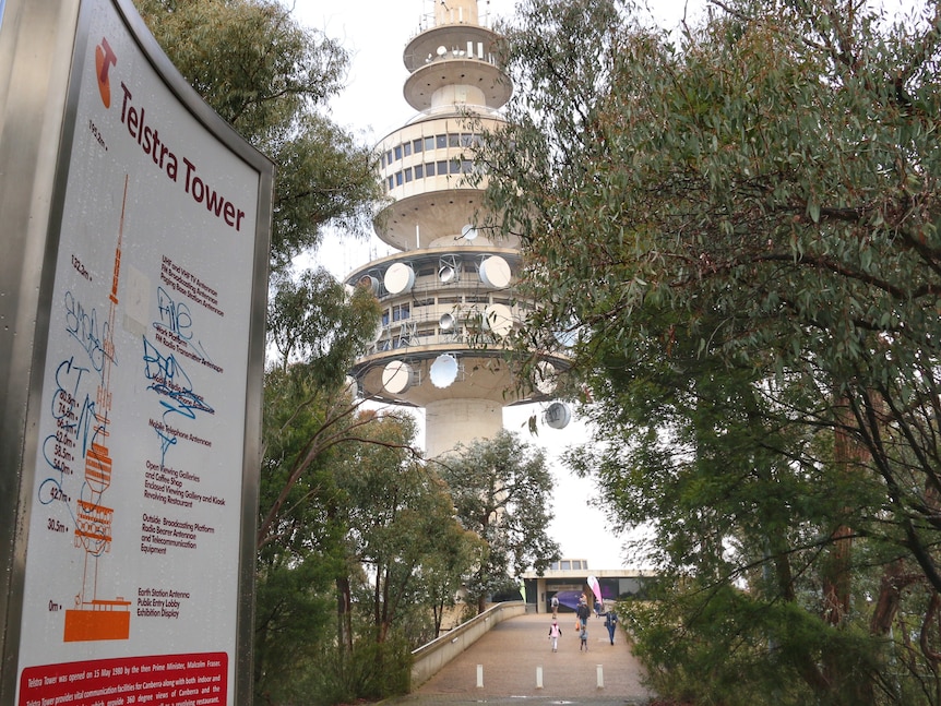 A telstra tower sign with grafitti on it is in the forefront with Telstra tower behind