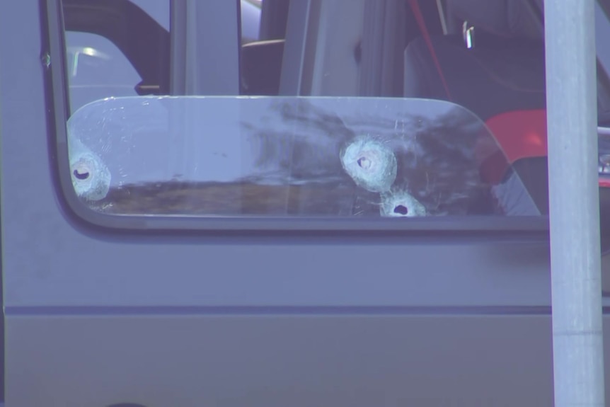 The side of a black car, with bullet holes visible in the driver-side window.