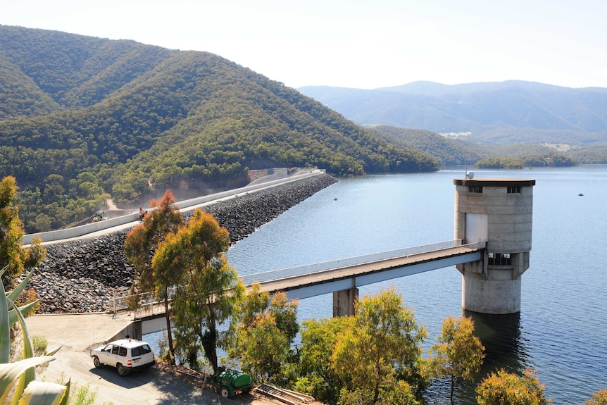 Aerial of the dam and wall.