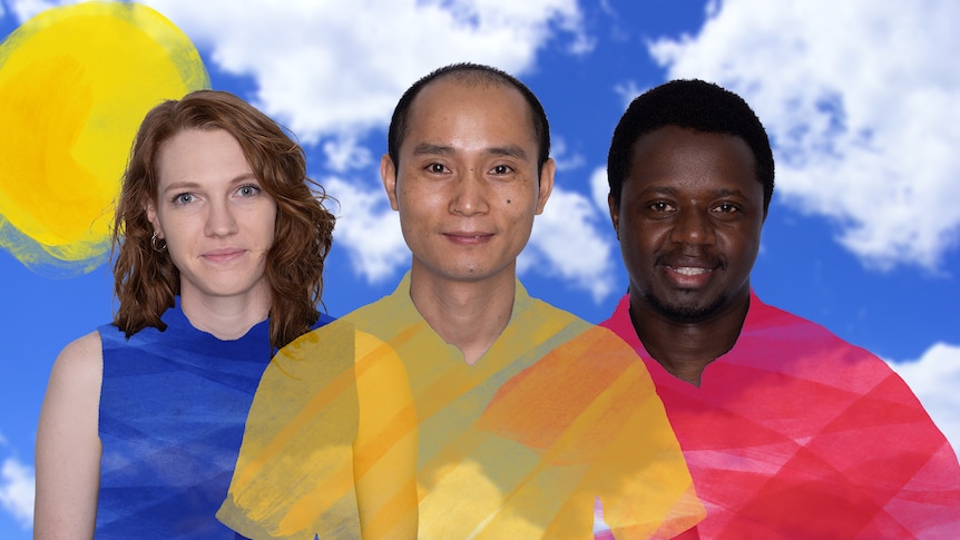 Three people each with a different skin type. Illustrated sun and bright cloudy day in the background.