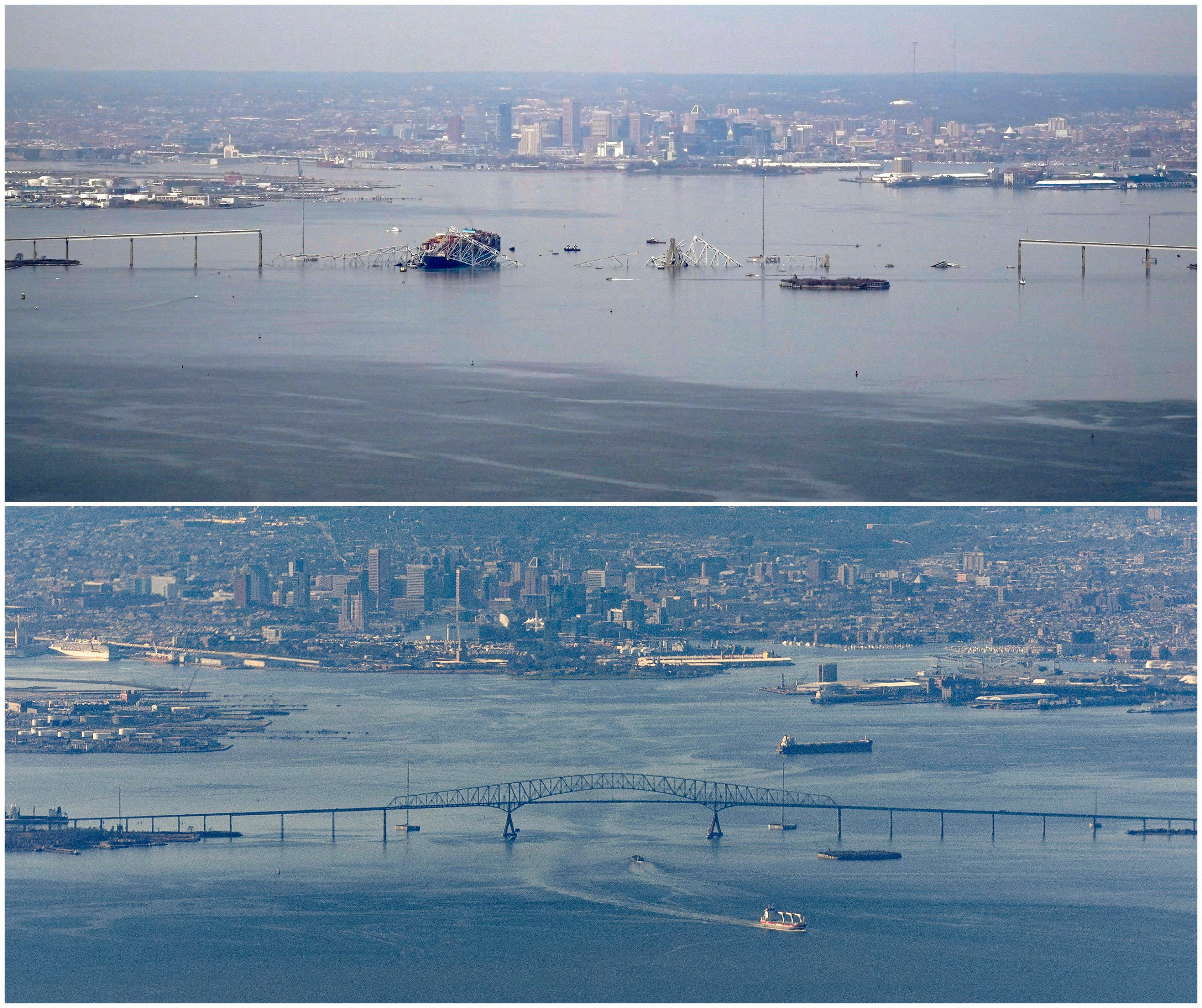 two images show the baltimore sky line with and without the key bridge