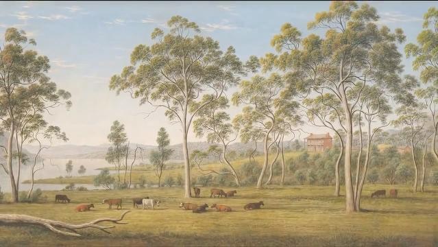 Landscape painting of cows laying beside trees, Mr Robinson's house on the Derwent, Van Diemen's Land' c. 1838 by John Glover