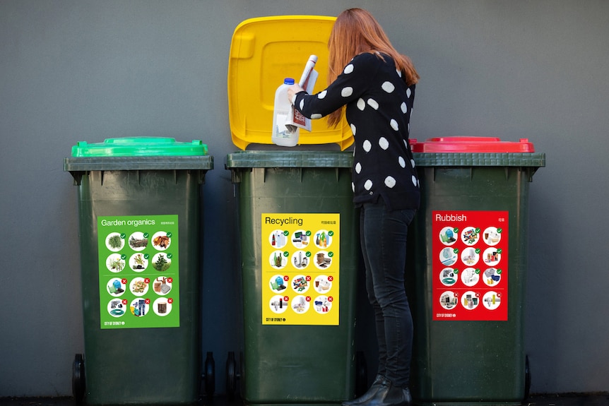 Green, yellow and red bins agianst a dark grey wall, a woman is putting an empty milk bottle into the recycling bin