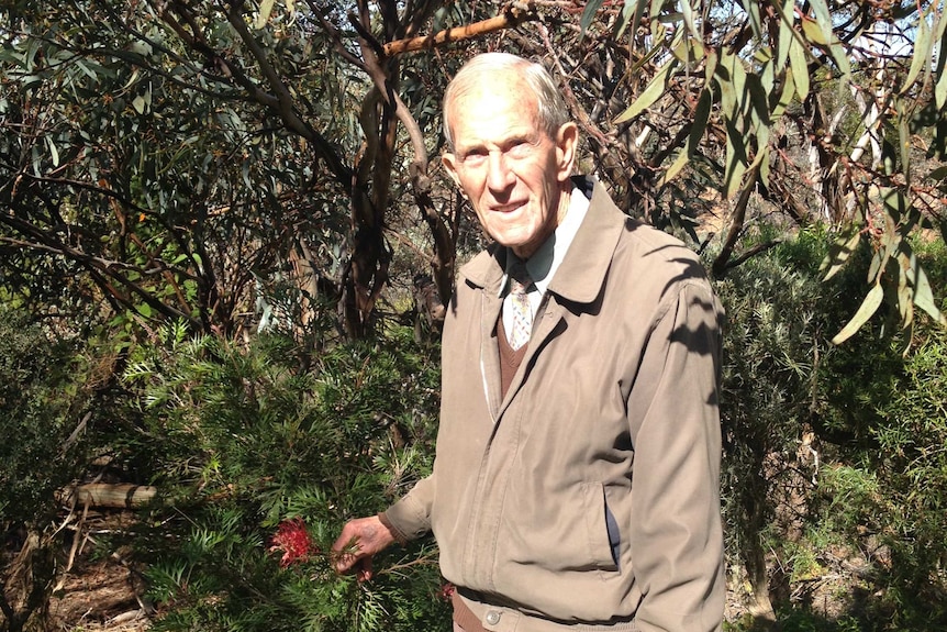 Howard Hendrick stands in frond of a gum tree.