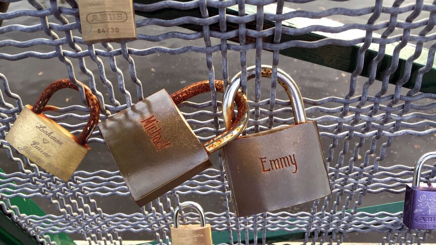 Love locks on Adelaide's University Bridge.