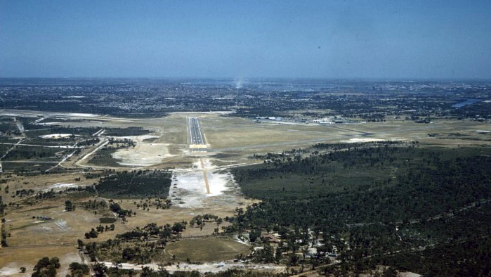 Coming in to land at Perth Airport, 1962.
