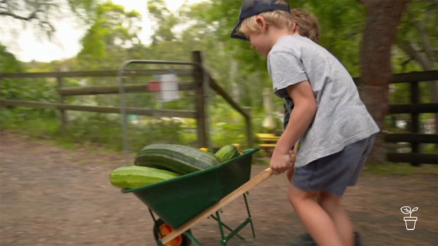 Two kids pushing small wheelbarrow filled with vegetable produce