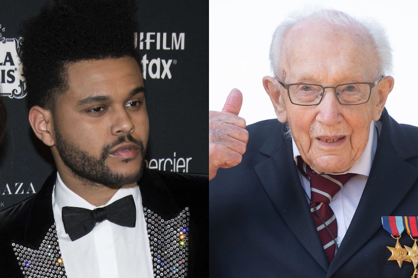 A compilation of singer The Weeknd and Captain Tom Moore seen side by side.