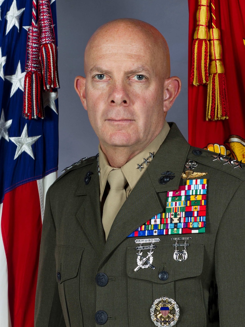 US Marine Corps commander Lieutenant General David Berger, wearing his military uniform. An American flag is visible behind him.