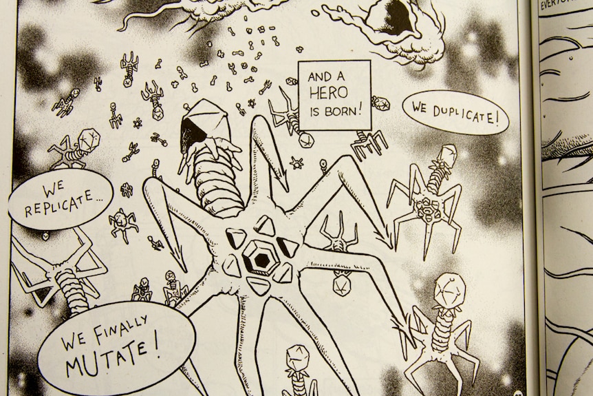 Comic-style drawing depicting microorganisms.