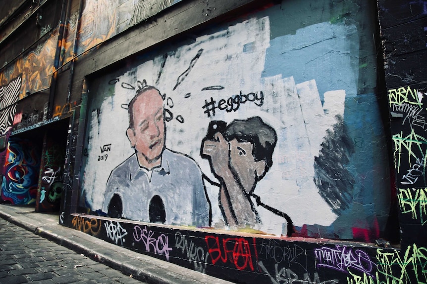 A mural depicting the egging of Senator Fraser Anning covers a wall in a narrow CBD laneway.