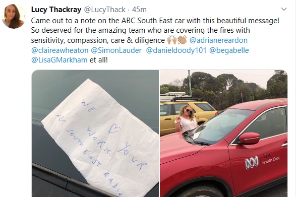 Image of tweet with photo of message from listener saying we love your work ABC South East radio.