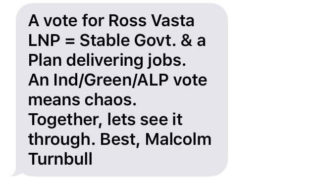 A text message which calls on the receiver to vote for Ross Vasta.