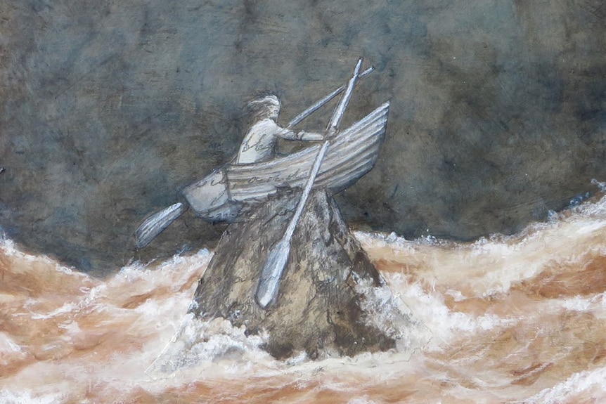 Picture of a painting of a person in a row boat on a rock