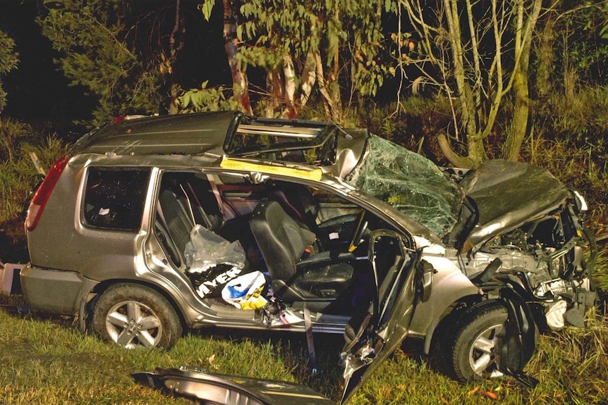 A side-on view of the badly mangled wreckage of a grey car off the road.