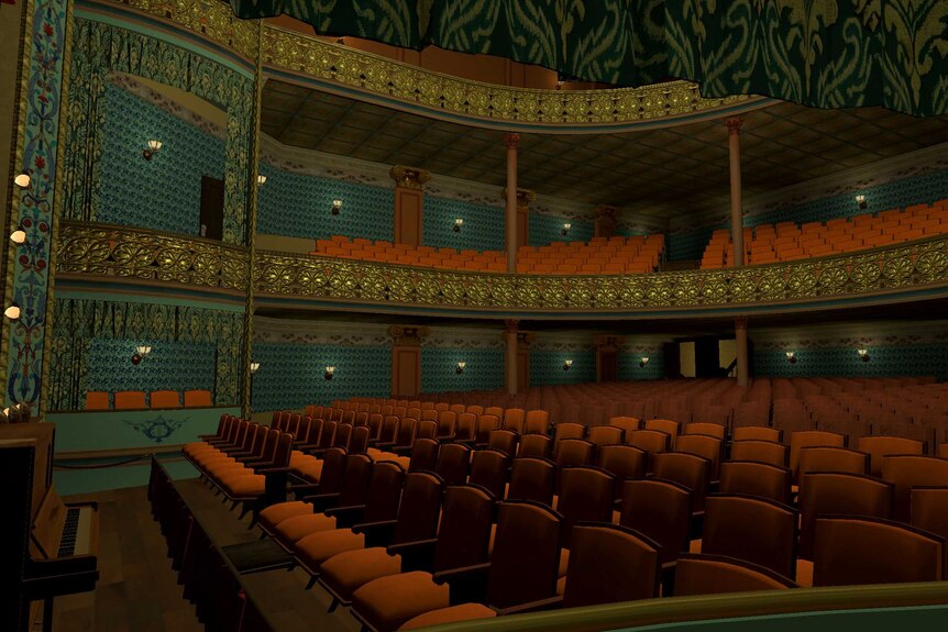A computerised image of a the inside of a green, gold and red theatre.