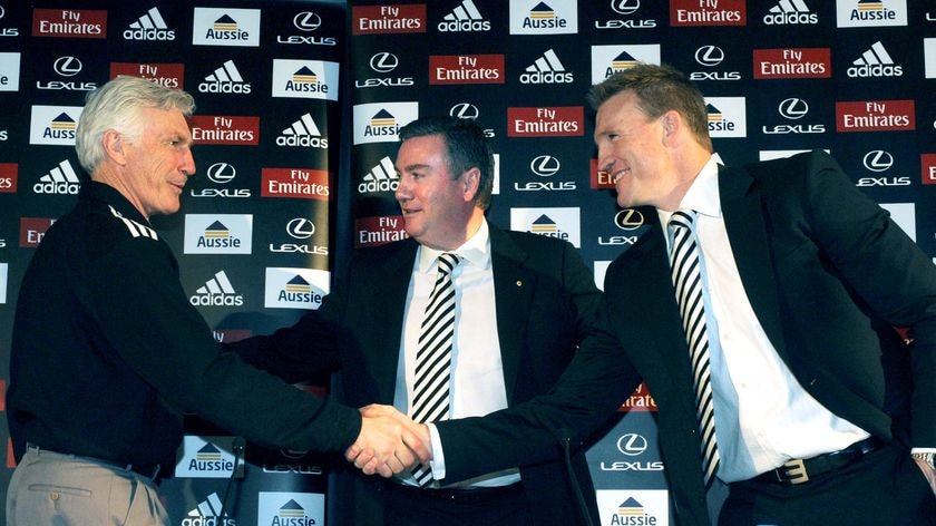 Collingwood coach Mick Malthouse (l) and former captain Nathan Buckley