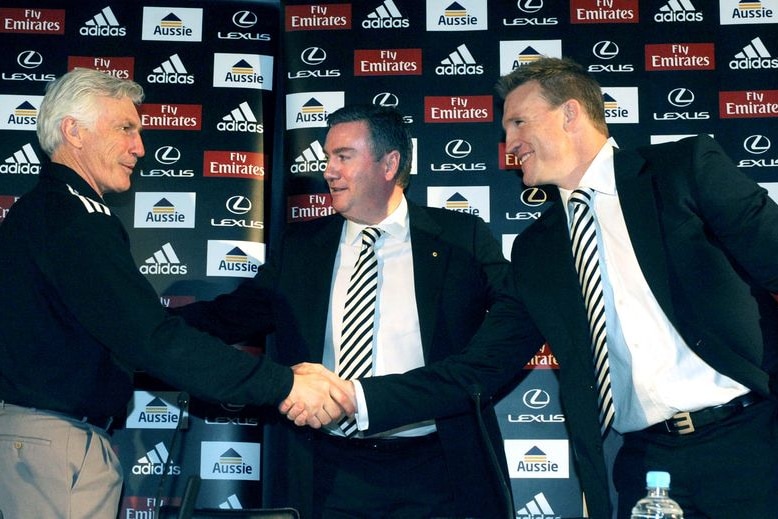 Collingwood coach Mick Malthouse (l) and former captain Nathan Buckley