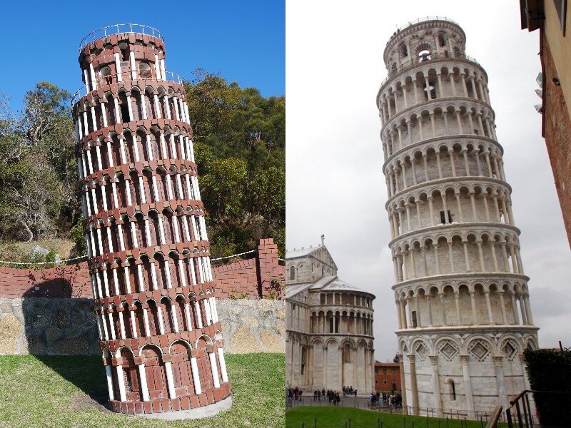 Composite image showing two leaning towers