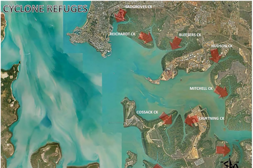 A map showing various refuge locations around the Darwin Harbour.