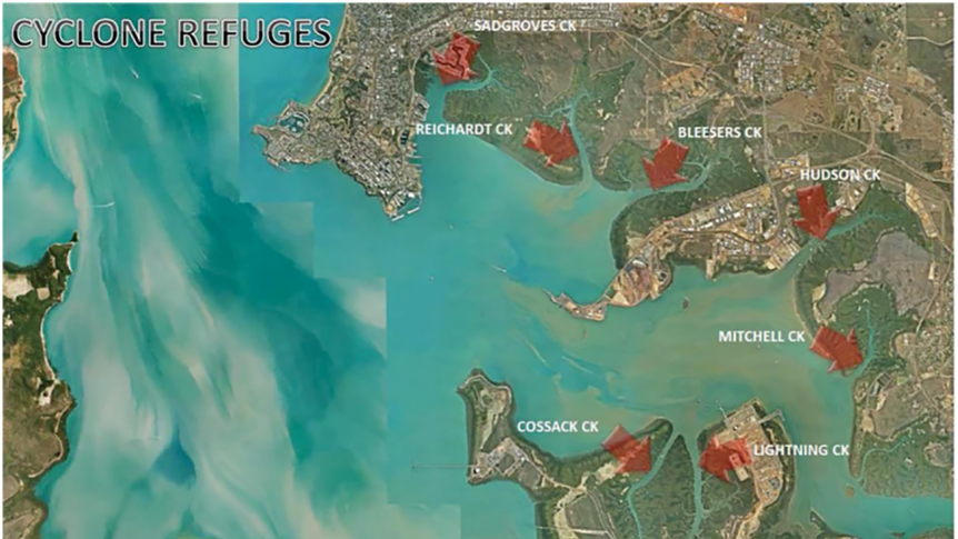A map showing various refuge locations around the Darwin Harbour.