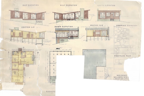 A scanned version of house design plans from 1958, a chunk is missing at the bottom in the middle and the right bottom corner