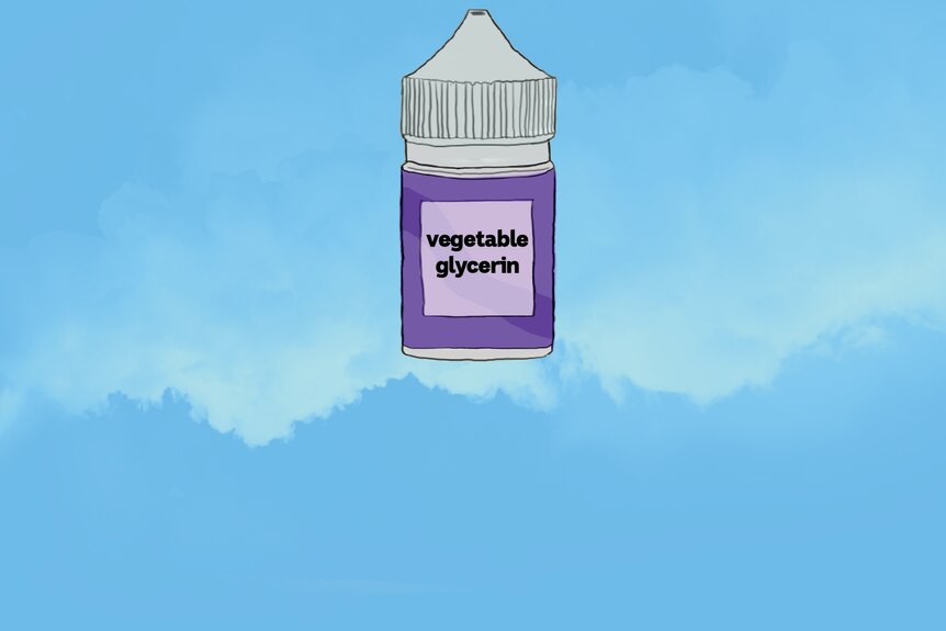 An illustration of a vape bottle with the ingredient vegetable glycerin listed on the label