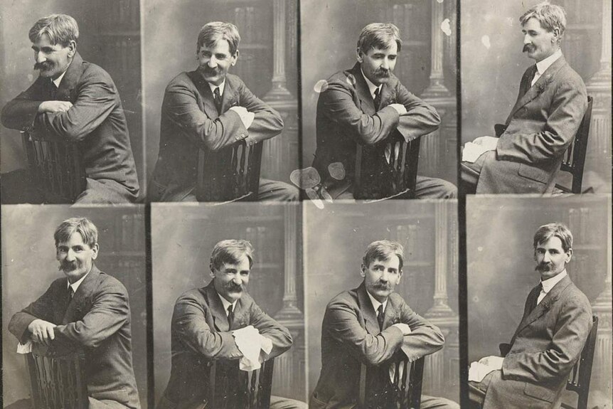 Black and white images of Henry Lawson posing in several different ways on a chair.