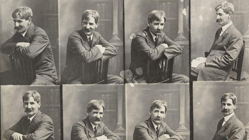 Black and white images of Henry Lawson posing in several different ways on a chair.