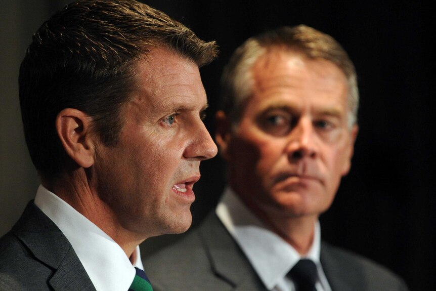 LtoR NSW Premier Mike Baird and Deputy Premier Andrew Stoner announce new members of cabinet.