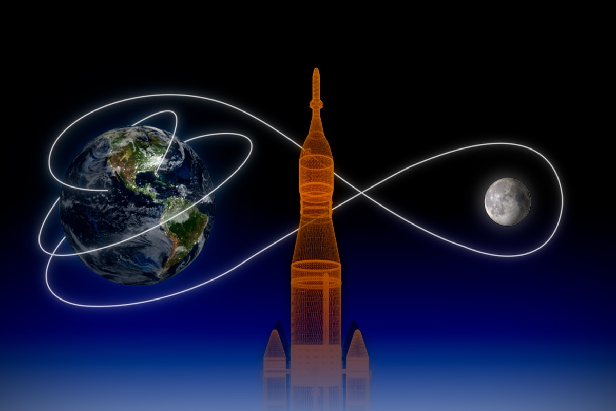 A graphic with 3D wireframe rocket at centre, behind it the earth and moon with vector flight path
