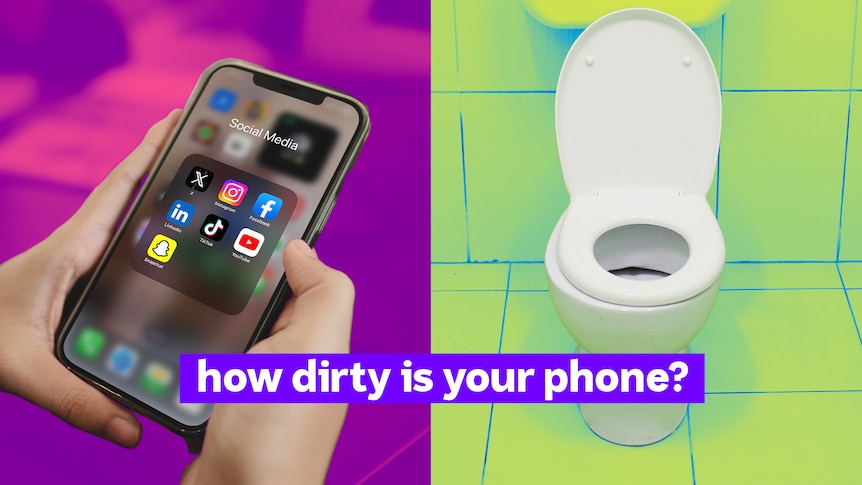 Split screen with a mobile phone showing the social media apps folder on one side and a toilet with the seat up on the other.
