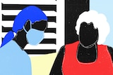 An illustration of a health care worker with blue hair speaking to a woman with white hair.