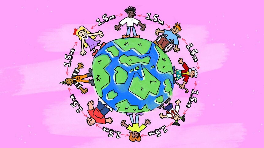 Illustration of a ring of people around the earth separated by 1.5 metres to depict social distancing but not feeling depressed.