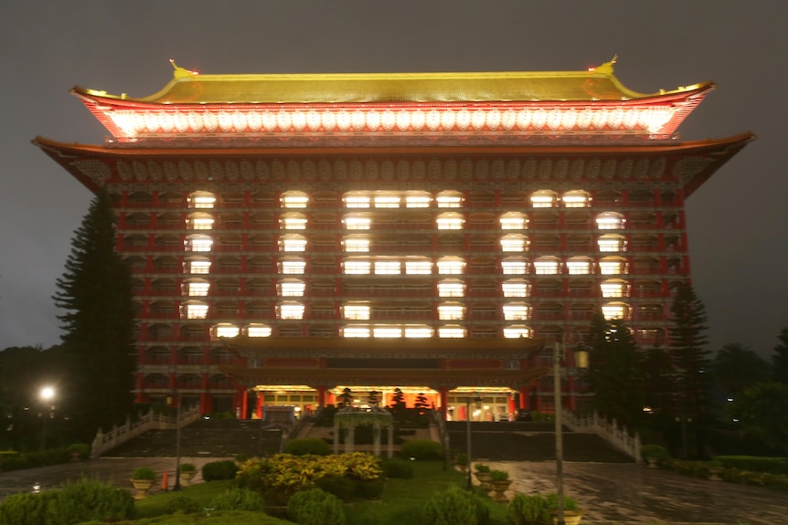 A lights in the windows of a Taipei hotel spell out "USA"