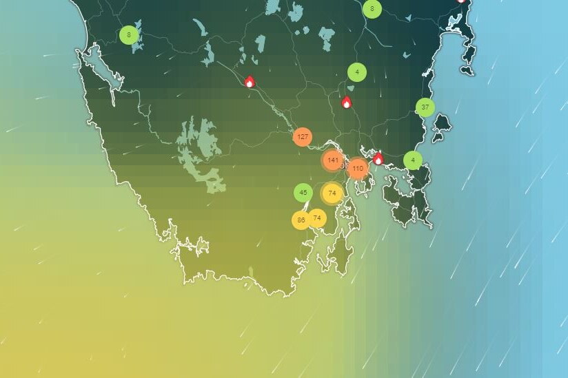 A graphic shows air quality ratings in different areas of southern Tasmania, as well as wind direction.