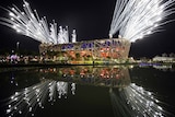 Fireworks explode over the the Bird's Nest stadium during a rehearsal for the opening ceremony