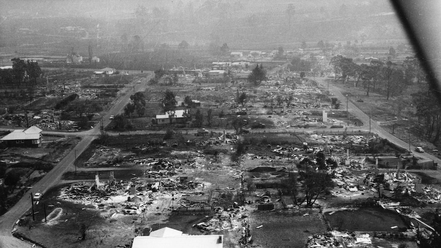 Aerial shot of bushfire damage in Hobart 1967