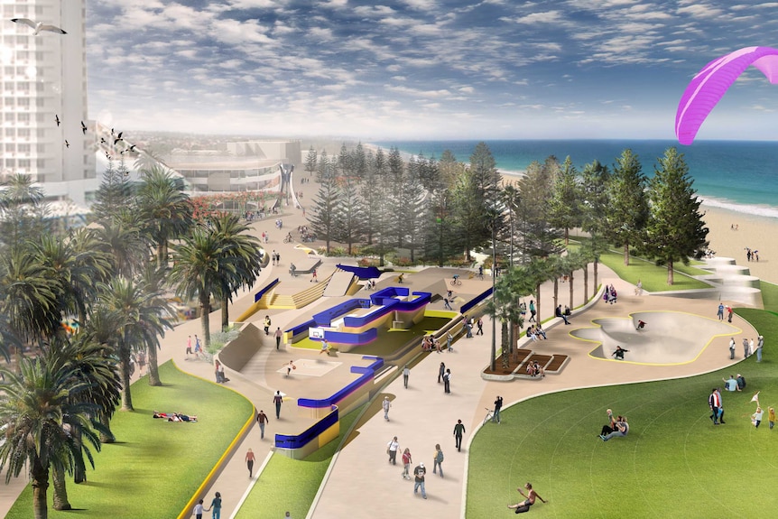 An artist's impression of a beach redevelopment showing a foreshore plaza and skate park.