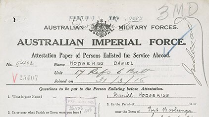 The Attestation Form for Private Daniel Hodgekiss from the Australian Imperial Force.