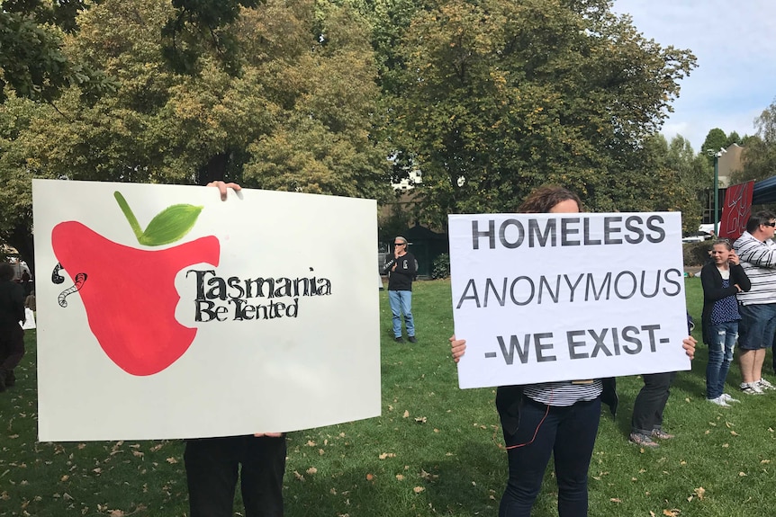 Signs at homeless event in Hobart.