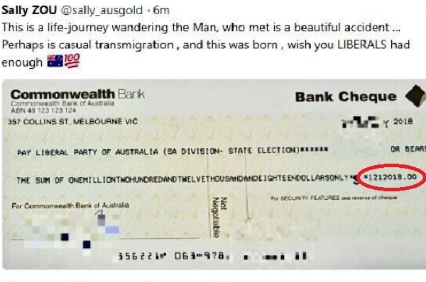 The tweet shows the cheque made out to the SA Liberals.