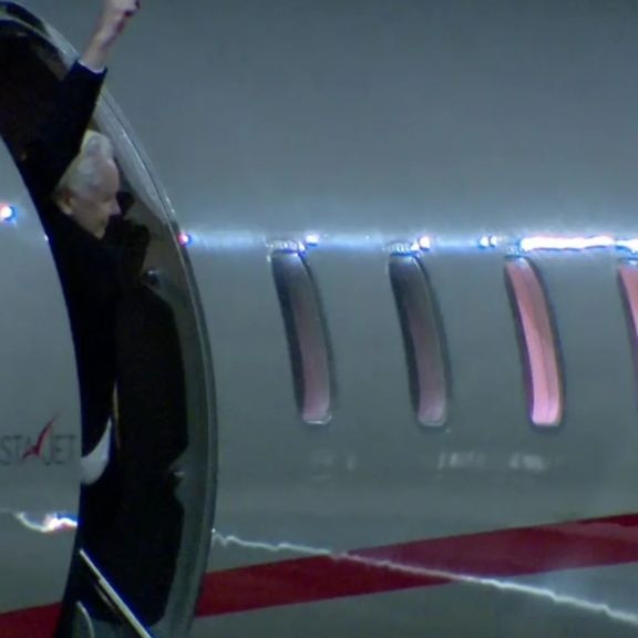 Julian Assange raises a fist while emerging from a private jet.