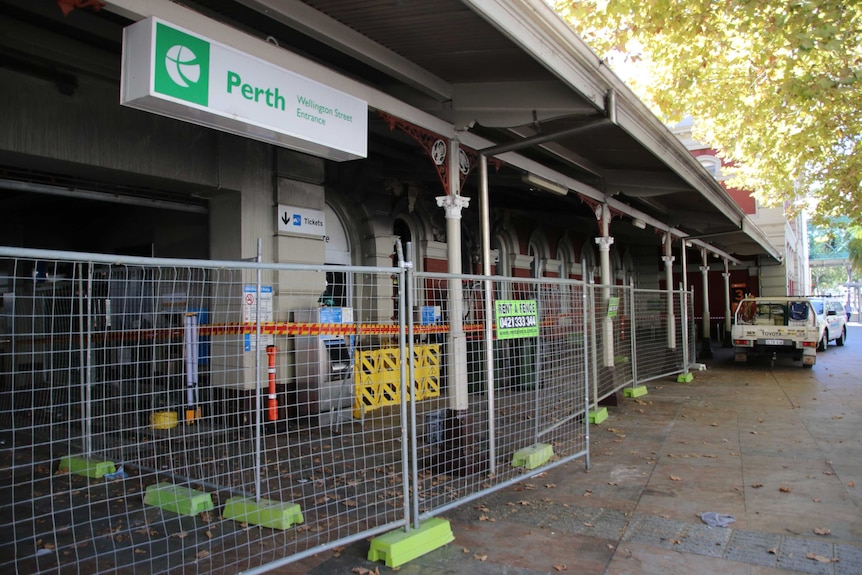 A wide shot of the damage at Perth Train Station after an arson attack.