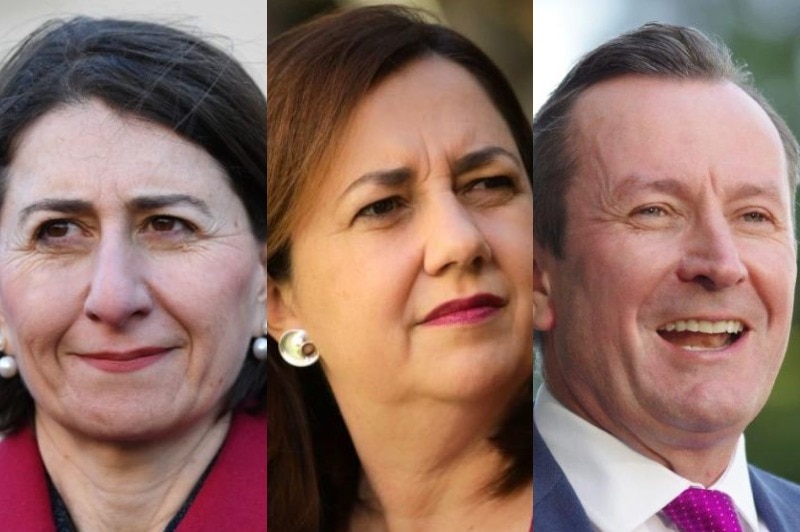 A composite image of three close up head shots of two women and a man.