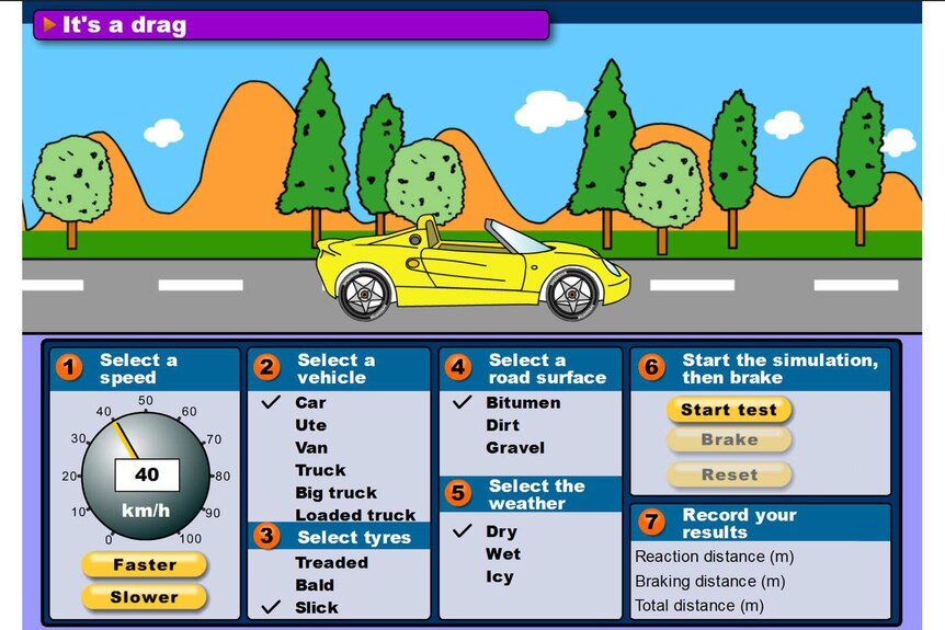 An illustration of a yellow car on a road. Beneath it are controls to vary speed, vehicle type, tyres, road surface and weather.