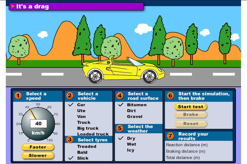 An illustration of a yellow car on a road. Beneath it are controls to vary speed, vehicle type, tyres, road surface and weather.